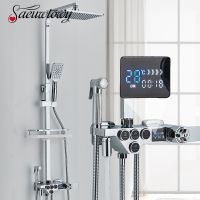 Chrome Bathroom Display Thermostatic Shower Faucet Set Rainfall Bathtub Tap With Bathroom Shelf Water Flow Produces Electricity Showerheads