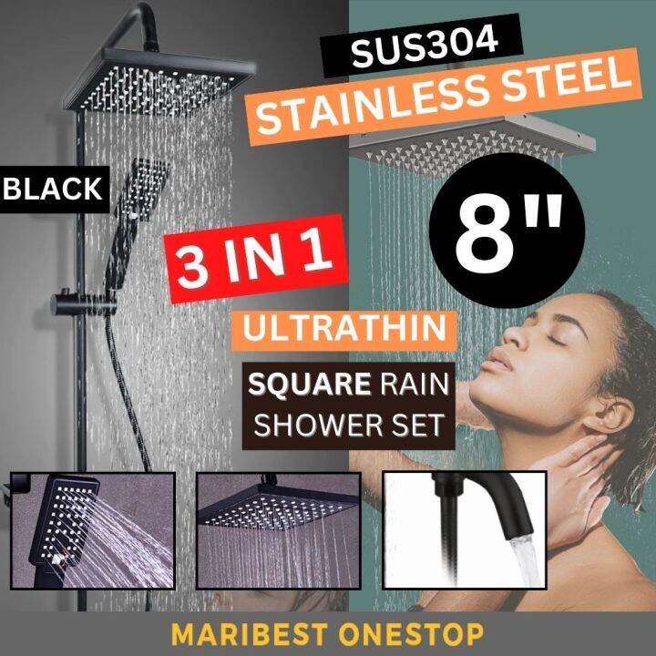 SUS304 Stainless Steel 3 In 1 Ultrathin 8" Square Rain Shower Hand