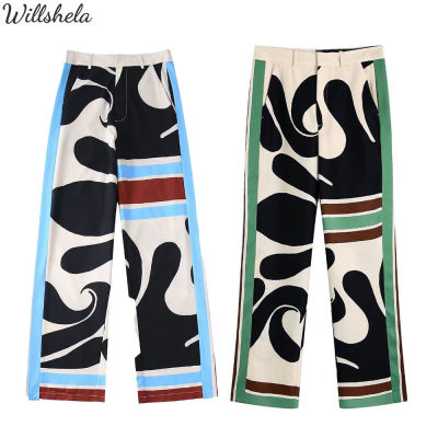 Willshela กางเกงแฟชั่นผู้หญิงพิมพ์ลายกราฟิก,กางเกงขากว้างขายาวสำหรับผู้หญิงกางเกงสุภาพสตรีทรงตรงชิค