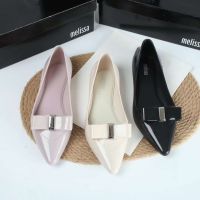 2023 Spring Melissa Ladies Jelly Shoes Office Womens Flat Shoes Sweet Pointed Toe Square Button Bow Single Shoes Female SM112