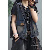 WhiteTime Hooded Jacket ผู้หญิงหลวมขนาด Artsy กระเป๋าคู่ซิปล้าง Denim Waistcoat 301T0197