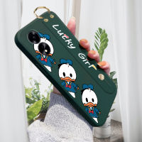 เคสโทรศัพท์สำหรับ OPPO A18 A38 (มีสายรัดข้อมือ) น้อยน่ารักโดนัลด์เคสโทรศัพท์รูปเป็ดขอบสี่เหลี่ยมของเหลวปลอกซิลิโคนกล้องคลุมทั้งหมดเคสป้องกันการกระแทก