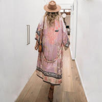 2022 Bikini Cover-ups Pink Boho Print Self Belted Front Open Long Kimono Dress Beach Tunic Women Swim Suit Cover Up Q996