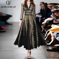 Qian Han Zi fashion runway maxi dress V-neck high quality Lace mesh stitching Gold thread embroidery Slim party long dress Women