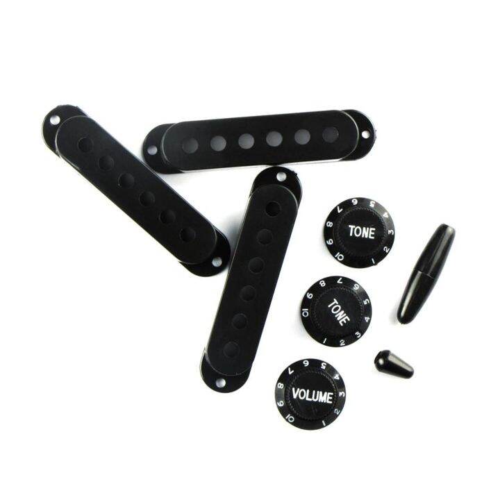 fleor-set-of-plastic-black-guitar-single-coil-pickup-covers-2t1v-knobs-switch-tip-whammy-bar-tip-for-st-guitar-bass-accessories