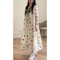 Bow Tie Loose Korean Style Midi Dress Summer Women New Fashion Elegant Big Size Doll Neck Slim Short Sleeve Solid Floral Dress