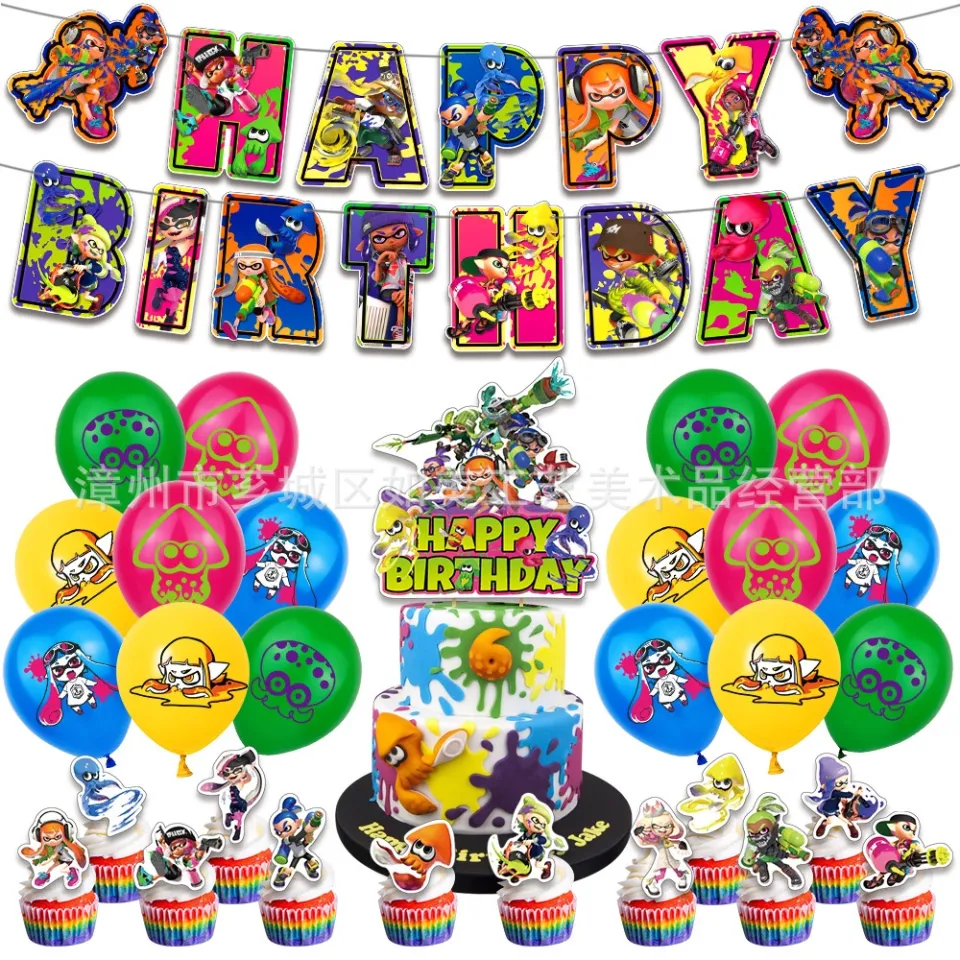 Jogo de tiro splatoons feliz aniversário festa decoração polvo látex balão  banner bolo topper festa supplise