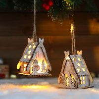 DIY LED Light Wooden House Merry Christmas Decorations Hollow Luminous Cabin Christmas Tree Hanging Xmas Ornaments Kids Gif TT