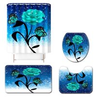 4PcsSet Christmas Flower Toilet Rug Shower Curtain Bath Mat Pedestal Rug Lid Toilet Cover Combination Floor Mat