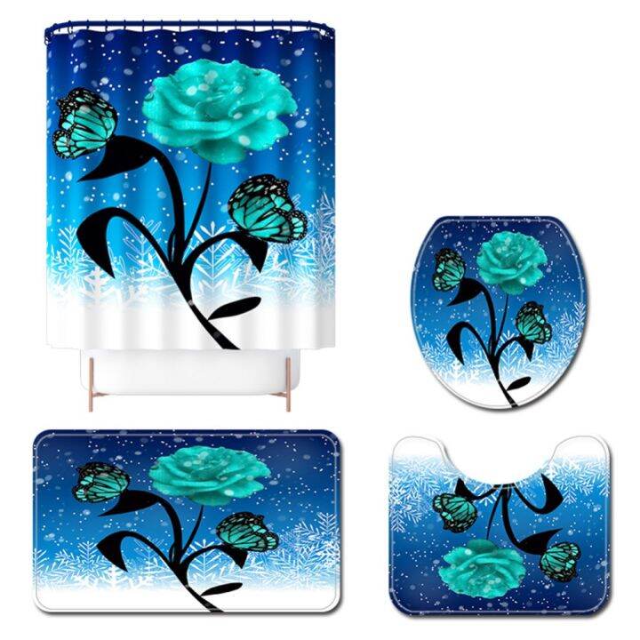 4pcsset-christmas-flower-toilet-rug-shower-curtain-bath-mat-pedestal-rug-lid-toilet-cover-combination-floor-mat