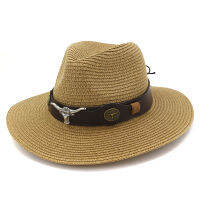 QBHAT ฤดูร้อน Unisex ขนาดใหญ่ Brim Jazz กระดาษ Straw Sun หมวก Cow Head ตกแต่งผู้ชายผู้หญิง Beach Sunhat Travel Sunshade หมวก Topee