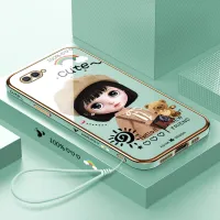 Hontinga Casing Case For OPPO A12 A7 A5S Case Fashion Cartoon Cute Girl Luxury Chrome Plated Soft TPU Square Phone Case Full Cover Camera Protection Anti Gores Rubber Cases For Girls