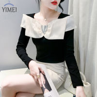 YIMEI เสื้อเปิดไหล่คอวีผูกโบว์สีตัดกันแฟชั่นสำหรับผู้หญิงเสื้อยืดดีไซน์คุณภาพสูงผ้าระบายขอบเสื้อสีดำอเนกประสงค์แขนยาว