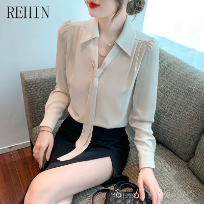 REHIN เสื้อผู้หญิงมาใหม่ล่าสุดริบบิ้นสวยหรู,เสื้อชีฟองแฟชั่นแขนยาวแฟชั่น2023ฤดูใบไม้ร่วงการออกแบบที่ไม่เหมือนใคร