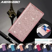 {L electronic shell} Glitter หนังแม่เหล็กสำหรับ IPhone X Xr Xs 14 13 11 12 Mini Pro Max SE 2022 8 7 6 Plus Bling กระเป๋าสตางค์ผู้ถือบัตร