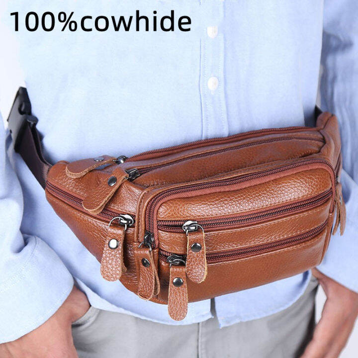 100 Genuine Leather waist bag outside sport belt bag women and men