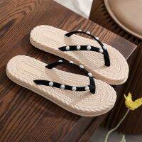 2022 imitation hemp grass bottom female sandals pearl Han Chao flat with pinches drag outer rubber