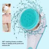 ☫▧♠ Electric Silicone Bath Brush Back Scrubber 4 Brush Heads USB Rechargeable Rotating Shower Massager with 2 Speeds Long Handle