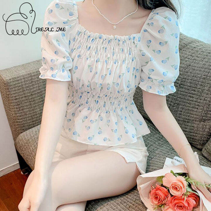 พร้อมส่ง-เสื้อครอปแขนสั้น-คอเหลี่ยมผ้าเรย่อน-เสื้อครอปสวยๆ-ปาดไหล่ได้-เสื้อครอปมินิลายดอกไม้