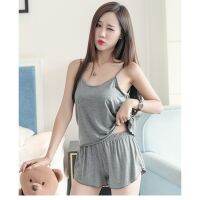 M-3XL Spaghetti Strap Sleeveless Tank Top U-shaped Back Casual Sleepwear Set Pajamas Women Wanita with Shorts Plus Size