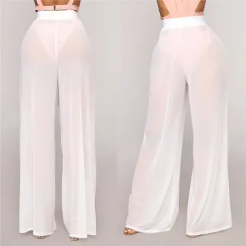 Women See Through Flare Pants Trousers Zip Crotch Sheer Transparent Bell  Bottom