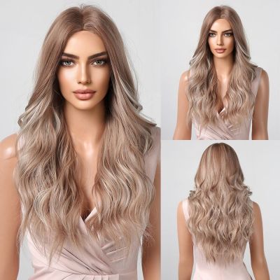 Long Wavy Wigs White Blonde Brown Roots Synthetic Natural Wave Hair Cosplay Wigs for Women High Temperature Fiber Middle Part
