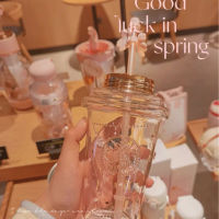 Startbuck ขาตั้งกล้อง Starbuck Sakura 2021ใหม่ Starbuck Cherry Blossom Season ถ้วยถ้วยเชอร์รี่สีชมพู Blossom กลีบแพลทินัมแก้วฟางแก้วน้ำ