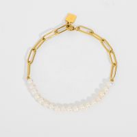 Half Gold Chain Half Freshwater Pearl celet For Women Versatile Gold Plated Stainless Steel Rectangle Chain celet