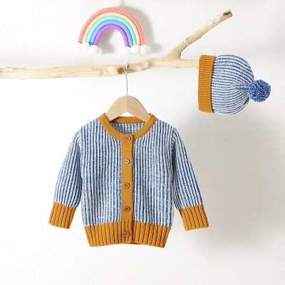 Baby Sweater Knitted Newborn Girl Top + Hat Fashion Stripe Pompom Infant Boy Clothing Cardigan Outerwear Long Sleeve Autumn 2PCS