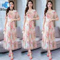 Dress for Women Fashion Floral Printed Romantic Dress V-neck Bell Short-sleeved Pullover Long Dress for Women Casual Formal Party Wearing