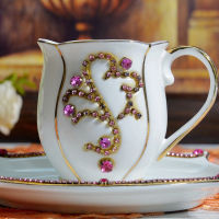 Luxury Pink diamond gold coffee mug with saucer, 3D embossed mugs Ceramic tea Cup Office Coffee Milk Cup Drinkware gift