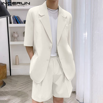 ✘ hnf531 [Perfectly] INCERUN 2PCS Mens Short Sleeve Blazer Coat Shorts Suits Bleted Blazer Suits(Korean Style)