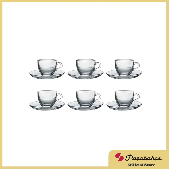 Pasabahce Basic Expresso Glass Cup and Saucer 90cc 3oz, Set of 6 (Clear