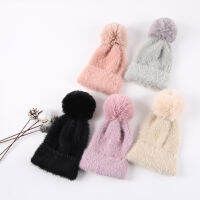 เสน่ห์ไม้ฤดูหนาว Marten ลูกผมเด็กหมวกหมวกถักเลดี้ Skullies หมวกที่มีลูกขนหมวกอบอุ่นสำหรับ2-7ปีเด็กเด็ก