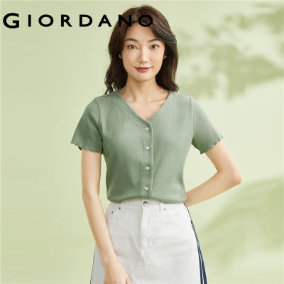 GIORDANO Women T-Shirts Lettuce Edge V-Neck Buttoons Simple Basic Tee Solid Color Short Sleeve Fashion Casual Tshirts 13323208 vnb