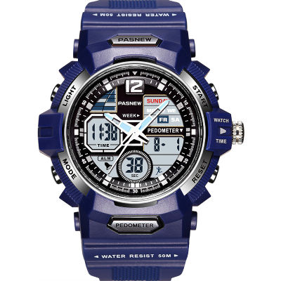 PASNEW Top Brand Mens Watches Fashion Blue Sport Watches Men Dual Display Analog Digital Quartz Wristwatches 50 Waterproof Swim