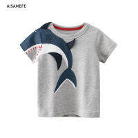 AISAMEFE แฟชั่นที่ชื่นชอบ3D การ์ตูน Shark เสื้อยืดเปิดไหล่ Ins สไตล์เสื้อผ้าเด็กเสื้อผ้าเด็กเสื้อยืดฤดูร้อนผ้าฝ้ายชุดกีฬา1-8Y