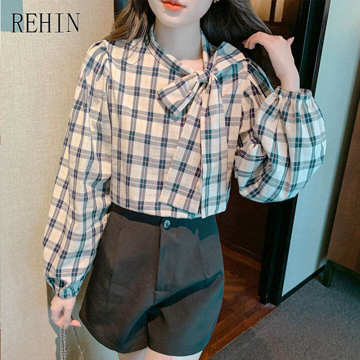 rehin-เสื้อแขนยาวผู้หญิงลายสก๊อตคอโบว์ผูกทำจากผ้าฝ้ายด้านใน