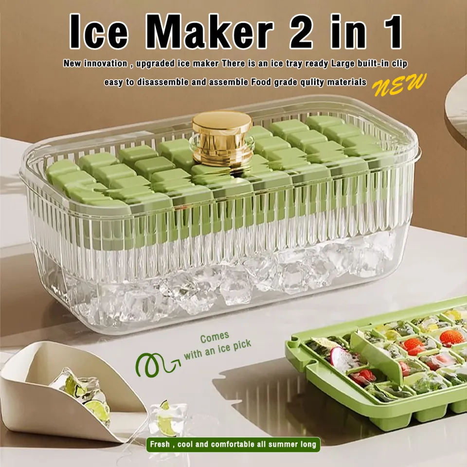  Ice Cube Tray with Lid and Bin, 2 Pack Ice Trays for Freezer,  One Button Easy Release Ice Maker With Handle, Food Grade PP Ice Container  Box, Ice Scoop, 64pcs Ice