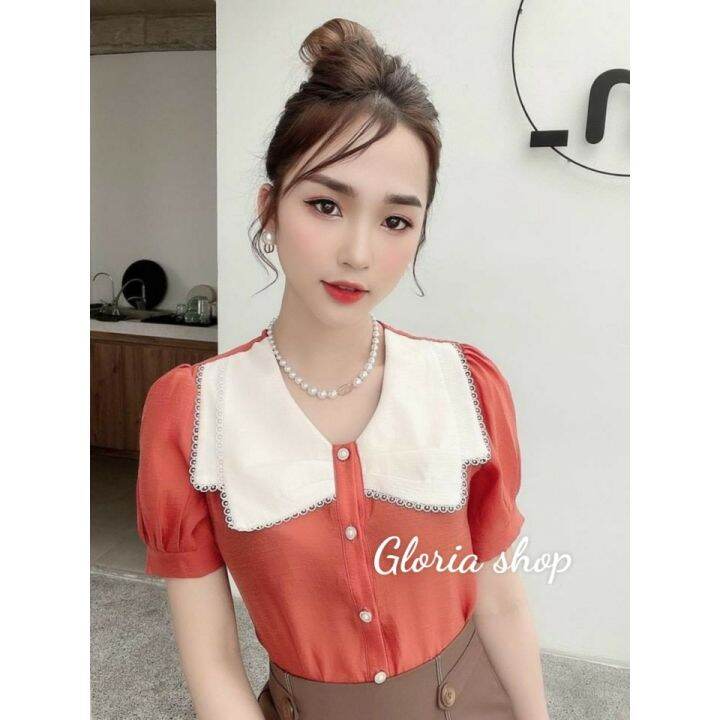 Áo Sơ Mi Nữ Gloria Shop, Áo Kiểu Nữ Tay Bồng Cổ Phối Màu Trẻ Trung Chất Lụa  Trơn Hàng Đẹp Sm149K2 Cam | Lazada.Vn