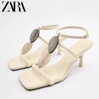 New Zaraˉwomens shoes 2022 summer new light beige square toe open-toed buckle sandals buckle high-heeled sandals for women