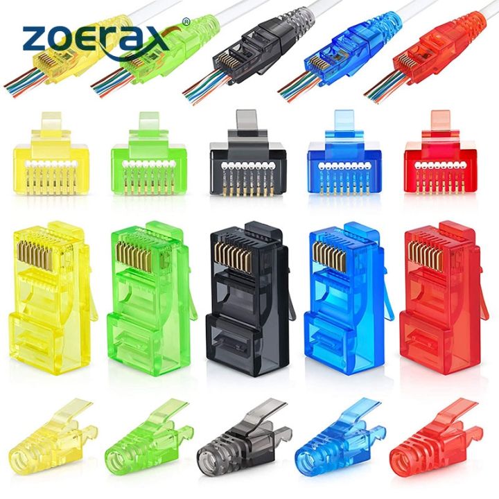 ยืดหยุ่น-zoerax-50pcs-rj45-cat6ผ่านตัวเชื่อมต่อและ50pcs-strain-relief-boots-สีสารพัน-ez-to-crimp-modular-plug