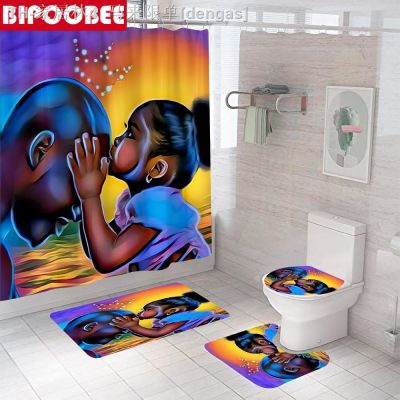 【CW】✢▬✻  African Shower Curtain Father Daughter Mats Set Pedestal Rug Toilet Lid Cover Curtains with Hooks