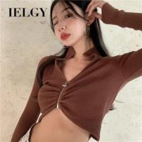 IELGY เสื้อคอวีแขนยาวมีปกดีไซน์ซิปเซ็กซี่มีเอกลักษณ์แบบสเวตเตอร์ถักผู้หญิง