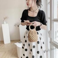 【Ready Stock】 №◊✱ C23 Wooden Ring Net Bag with Lined Mini Cotton Thread Cutout Portable Woven Bag Beach Female Bag