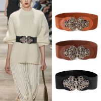 【CW】 Leather Flower Wide Elastic Belts For Women Vintage Stretch Buckle Waist Belt Ladies Dress Coat Cummerbunds