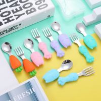 Baby Gadgets Cute Cartoon Cat Claw Shape Infant Food Feeding Spoon Fork Short Handle Stainless Steel Childrens Tableware Set Bowl Fork Spoon Sets