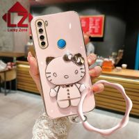 เคสมือจับสำหรับโทรศัพท์มือถือตั้งพื้นกระจกแต่งหน้า Hello Kitty 3มิติรูปการ์ตูนน่ารักสำหรับ Redmi 7 Redmi 8 Redmi 12C A1 Redmi Note 7 Note 8T Note 8 Pro Note 9 Pro Note 9S ฝาหลัง TPU นุ่มโลหะด้วยไฟฟ้า + สร้อยข้อมือคลื่น