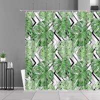 【Bathroom sale】 Tropical PlantsLeaves Monstera BlackWhite Stripe ม่านอาบน้ำมู่ลี่ Curtain