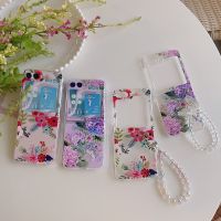 สำหรับ Samsung Galaxy Z Flip 5 4 3เคสลายดอกไม้และสร้อยข้อมือเคสโทรศัพท์สำหรับ Samsung Galaxy Z Flip3 ZFlip5 ZFlip4เคสฝาหลังฮาร์ดพีซีกันกระแทกใส